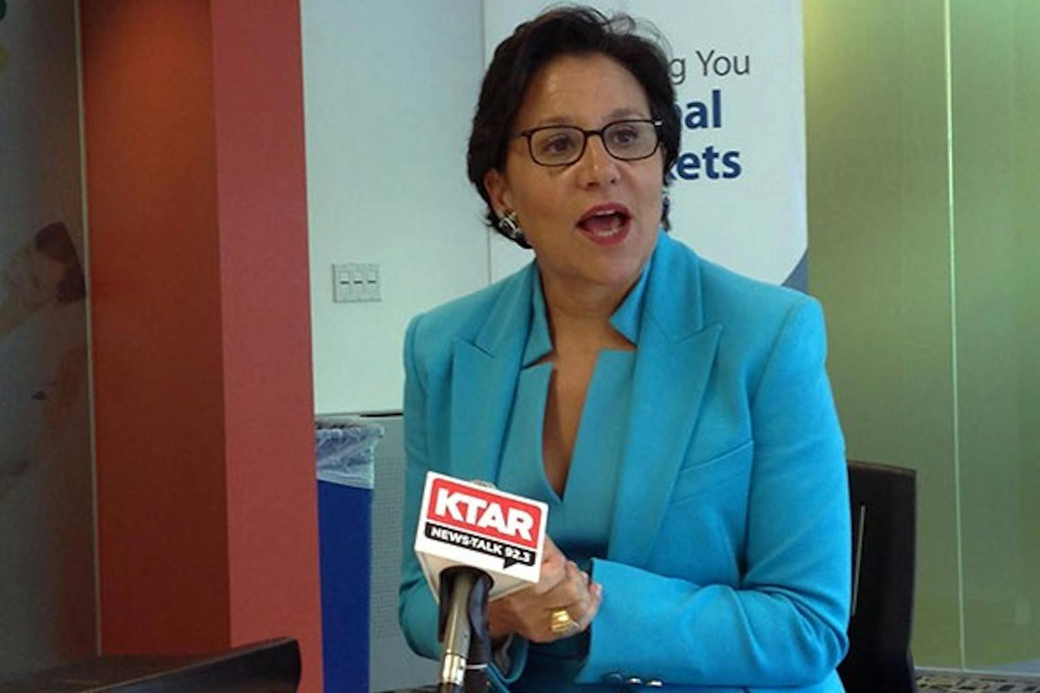 U.S. Secretary of Commerce Penny Pritzker said in a media round table Wednesday at SkySong, the ASU Scottsdale Innovation Centerthat 40 percent of growth in the U.S. gross domestic product has come from innovation. (Photo by Kelcie Grega)