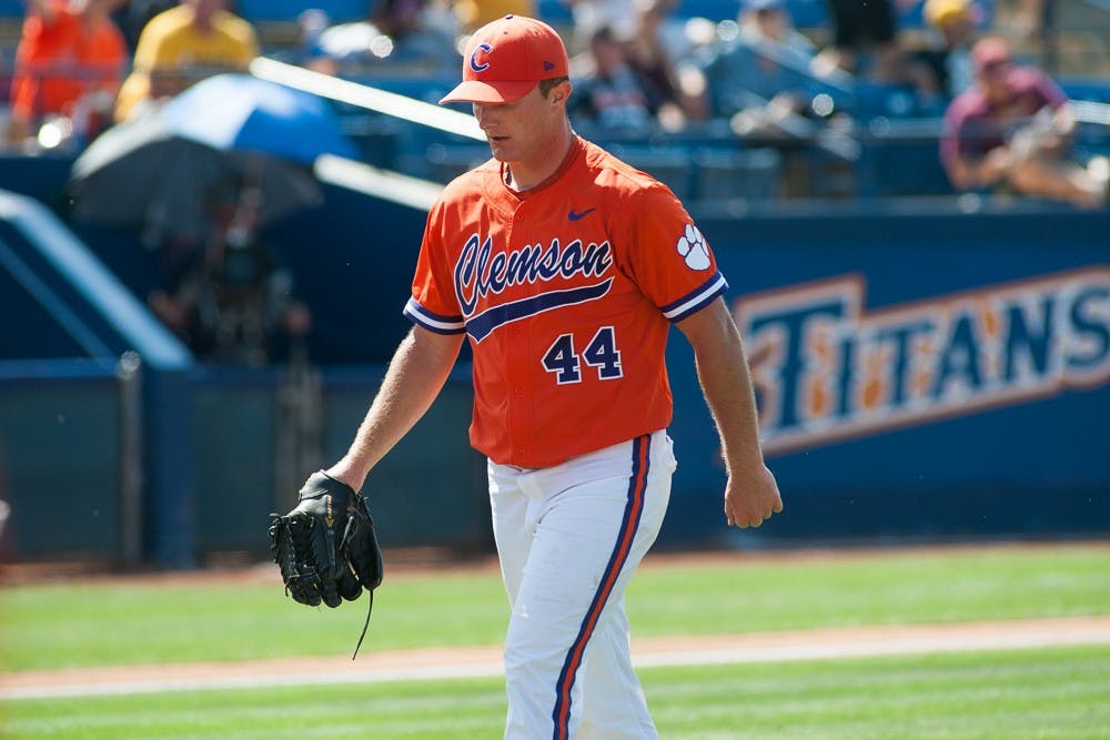 Clemson junior pitcher Matthew Crownover returns to the dugout in a game against ASU on Friday, May 29, 2015, at Goodwin Field in Fullerton, California. The Sun Devils defeated the Tigers 7-4.