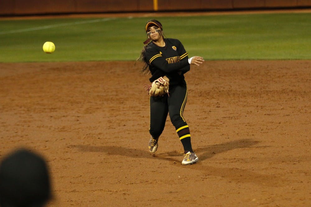 ASU redshirt junior Marisa Stankiewicz (20) throws the ball to first base in a softball game versus Oregon State University at Alberta B. Farrington Stadium in Tempe, Arizona on Sunday, March 26, 2017. The Sun Devils won the game 11-0.