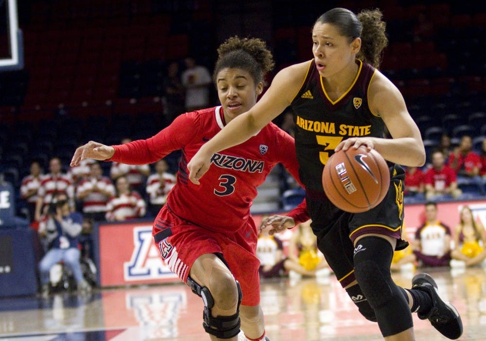 ASU sophomore guard Sabrina Haines (3) drives towards the basket during a women's basketball game versus the University of Arizona Wildcats in McKale Memorial Center in Tucson, Arizona on Friday, Feb. 17, 2017. ASU lost the game, 62-58. (Josh Orcutt/State Press)