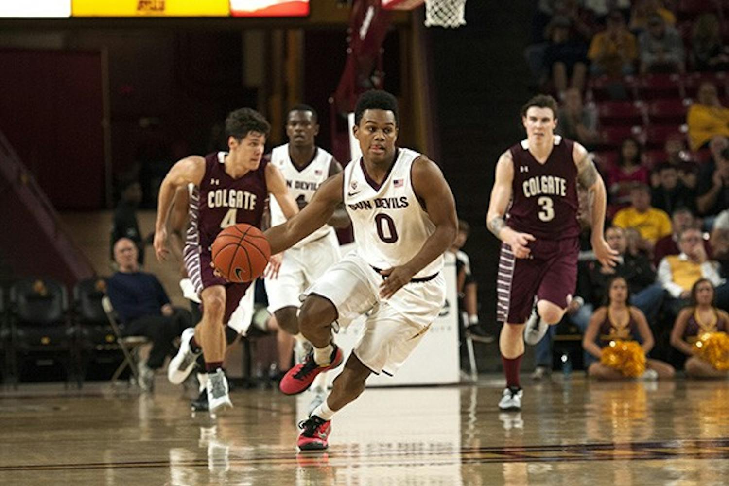 Freshman guard Tra Holder dashes down court after Colgate opposition losses possession. ASU narrowly defeated Colgate, 78-71, at Wells Fargo Arena on Saturday, Nov. 29, 2014. (Photo by Mario Mendez)