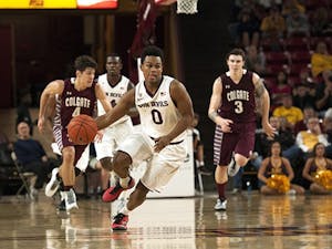 Freshman guard Tra Holder dashes down court after Colgate opposition losses possession. ASU narrowly defeated Colgate, 78-71, at Wells Fargo Arena on Saturday, Nov. 29, 2014. (Photo by Mario Mendez)