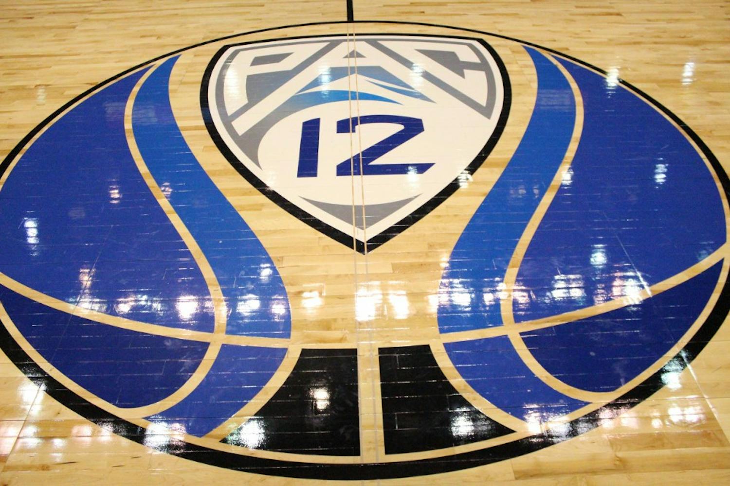 The Pac-12 logo is pictured at center court of the MGM Grand Garden Arena on Thursday,&nbsp;March 10,&nbsp;&nbsp;in Las Vegas, Nevada.&nbsp;