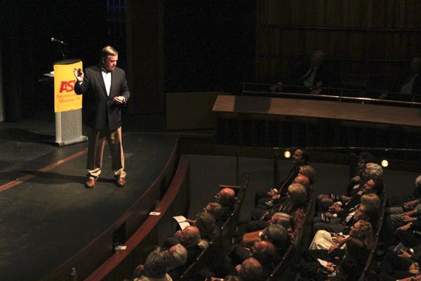 ASU President Michael Crow speaks at the Tempe Center for the Arts Tuesday evening about the future advancement of ASU. (Photo by Marissa Krings)