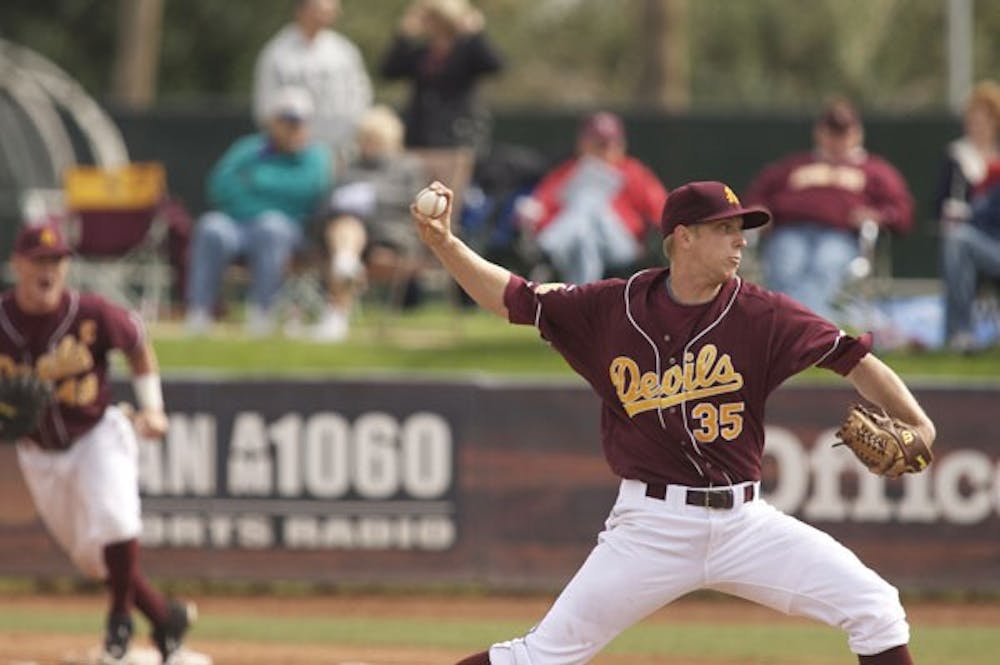 ROCK AND FIRE: ASU junior pitcher Merrill Kelly delivers a pitch during a game earlier this season at Packard Stadium. (Photo by Scott Stuk)