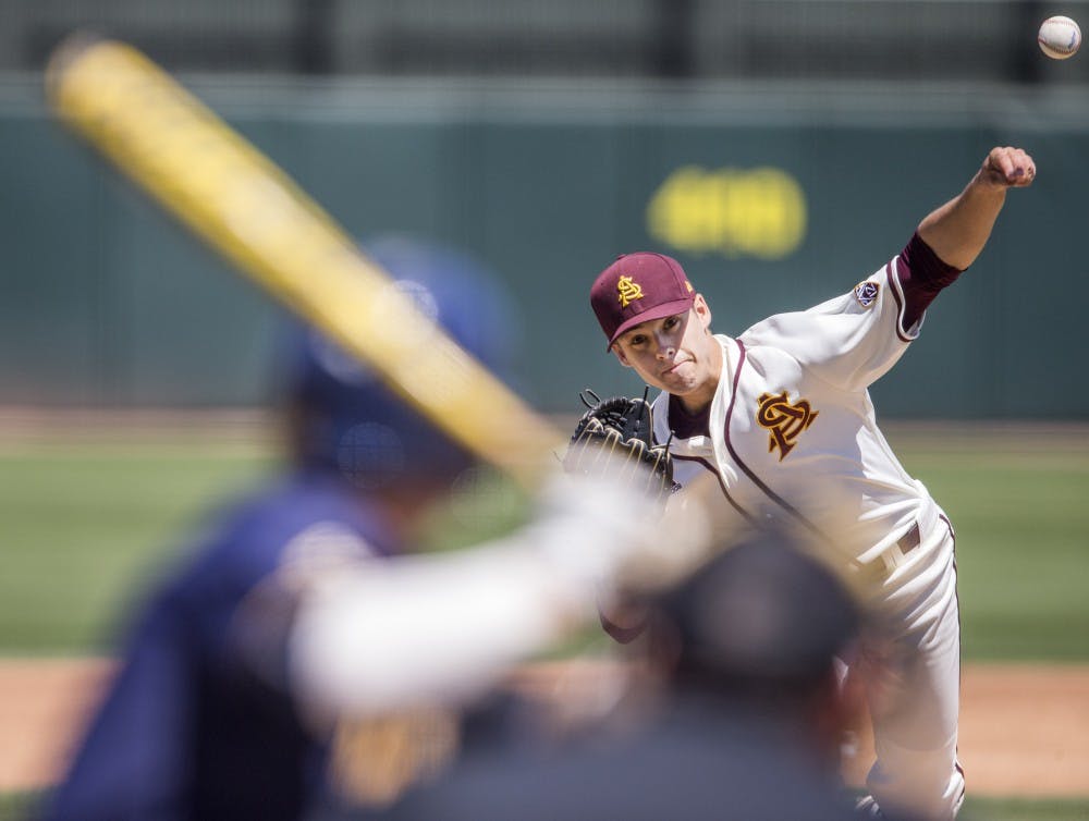 ASU baseball's Zach Dixon pitches during a game against California at Phoenix Municipal Stadium in Phoenix, Arizona, on Sunday, April 17, 2016. The Sun Devils won the final game in this series 4-0.