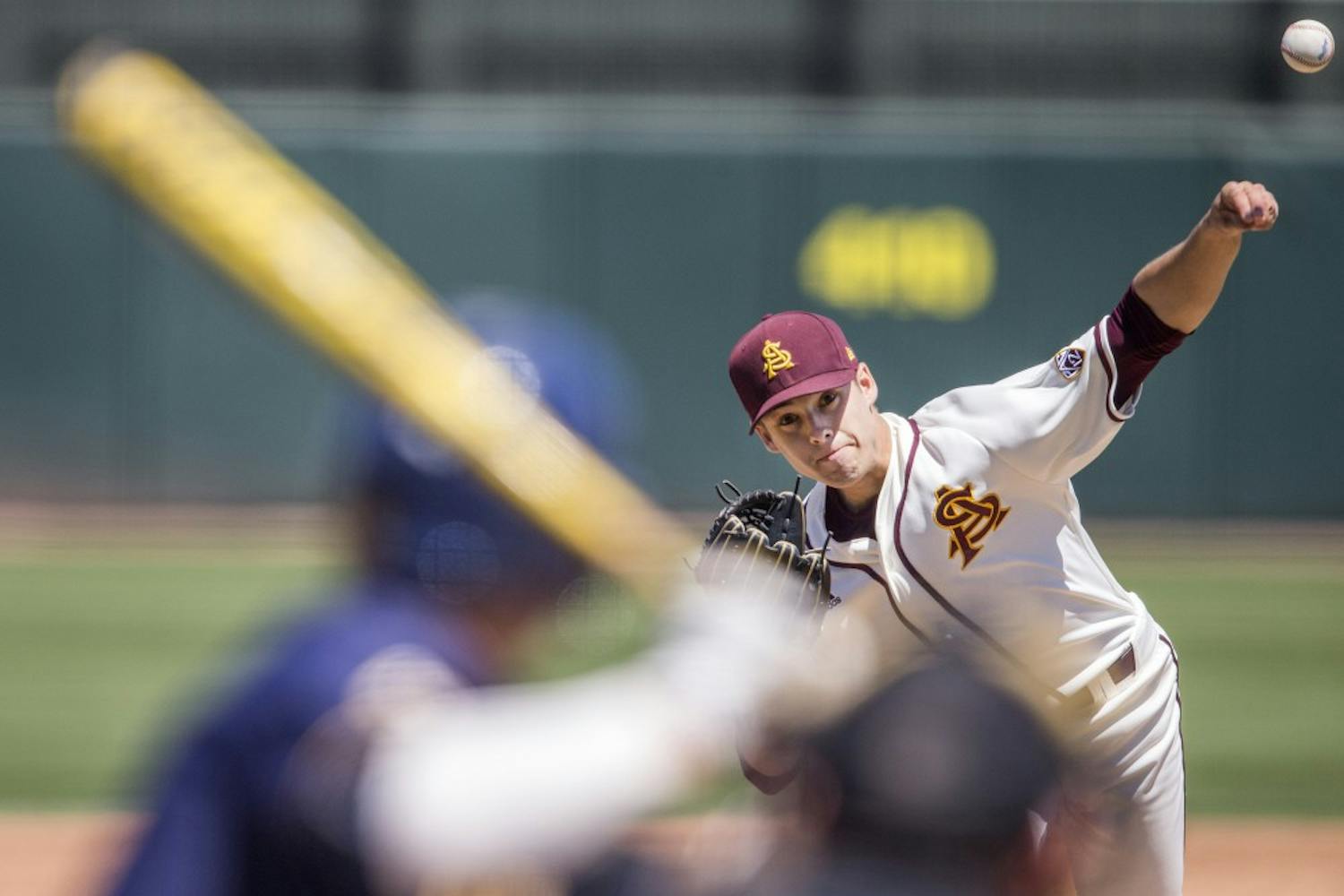ASU baseball's Zach Dixon pitches during a game against California at Phoenix Municipal Stadium in Phoenix, Arizona, on Sunday, April 17, 2016. The Sun Devils won the final game in this series 4-0.