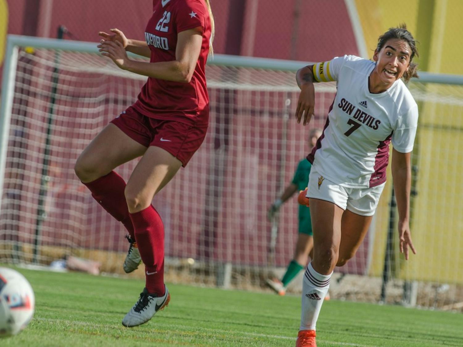 ASU Sophomore Lucy Lara, rght, chases the ball during the game against Stanford at the Sun Devil Soccer Stadium on Sunday, Oct. 30, 2016.