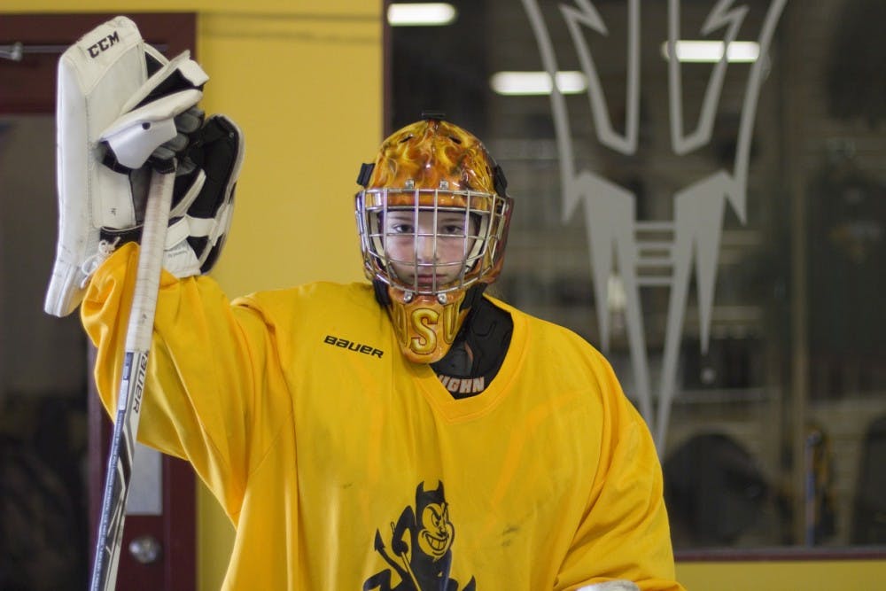 ASU freshman goalie Jordan Nash-Boulden poses for a portrait after a practice at Oceanside Ice Arena in Tempe, Arizona on Thursday, Sept. 8, 2016.