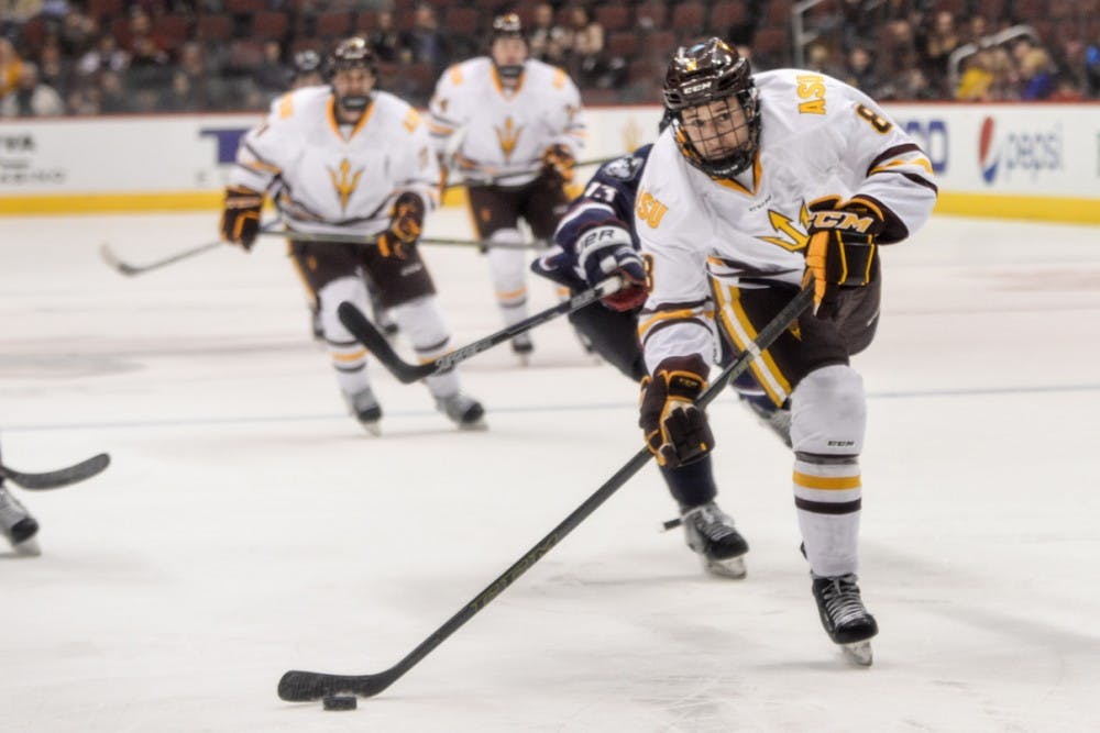 Freshman Forward Joe  Lappin takes a shot on goal during the first period of the Desert  Classic Tournament at Gila River Arena in Glendale, AZ on Sunday,  January 10, 2016 