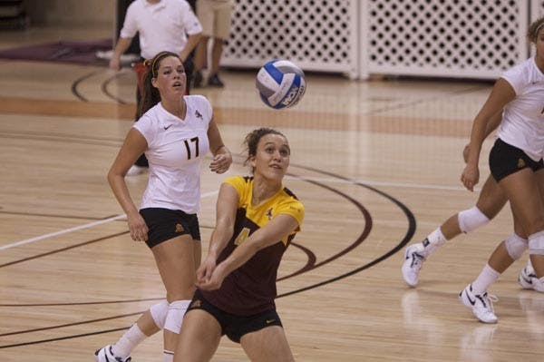 BUMPED UP: Freshman libero Jenny Teslevich prepares for a bump during the ASU Sheraton Classic. The ASU Sheraton series concludes this weekend with the ASU Sheraton Tournament at Wells Fargo Arena. (Photo by Scott Stuk)