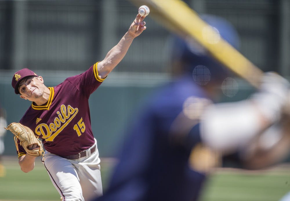 ASU baseball's Eli Lingos pitches during a game against California at Phoenix Municipal Stadium in Phoenix, Arizona, on Saturday, April 16, 2016. 