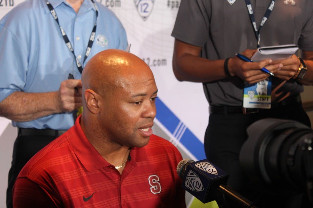 Stanford head coach David Shaw speaks to media on day two of Pac-12 Football Media Day. (Photo by Bill Slane)