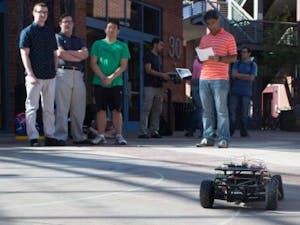 Microprocessor Systems class test their model cars on April 7, 2016. 