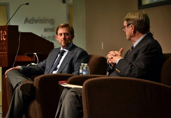 Steven Ginsberg, a top editor at The Washington Post, discusses the upcoming presidential election with professor of journalism Leonard Downie Jr. The discussion was prompted by the annual Paul J. Schatt Memorial Lecture in honor of The Arizona Republic editor and ASU journalism professor. (Photo by Brittany Lea)
