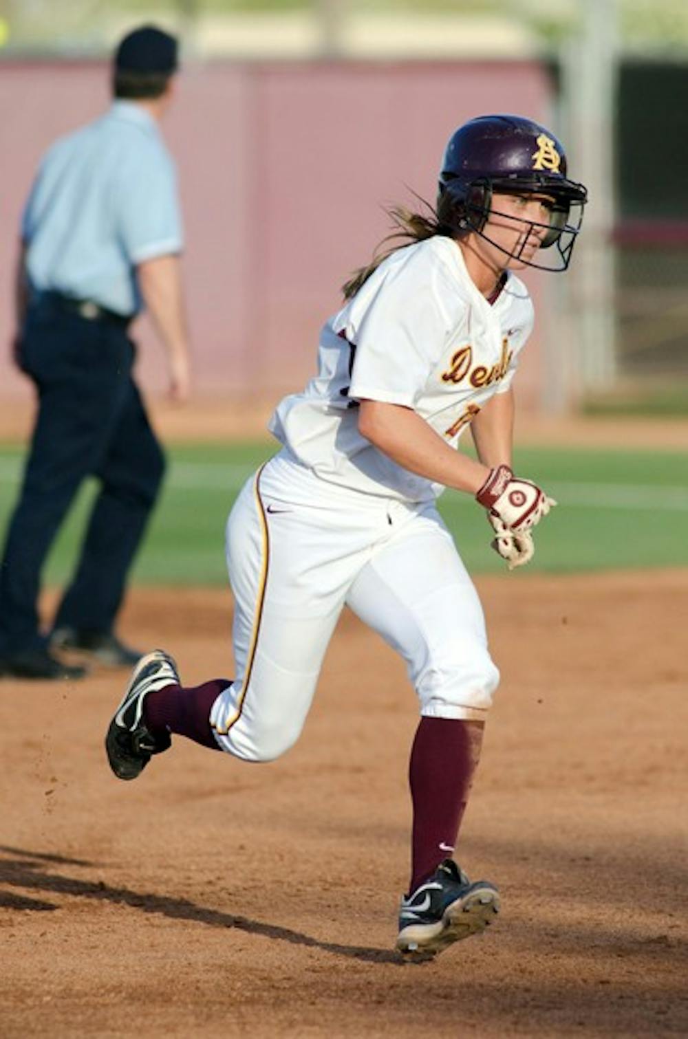 Katelyn Boyd rounds second base against North Dakota State during the NCAA Regionals on May 20, 2011. Boyd is one of four returning starters as ASU looks to defend its national title. (Photo by Aaron Lavinsky)