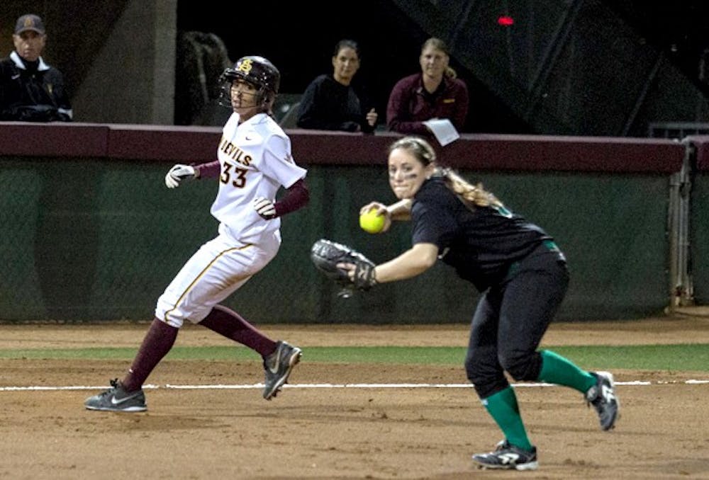 Junior outfielder Alix Johnson runs through the bag in a game against North Dakota on March 1. Johnson's home run in the first inning helped ASU to a 10-2 win over Cal on April 26. (Photo by Dominic Valente)