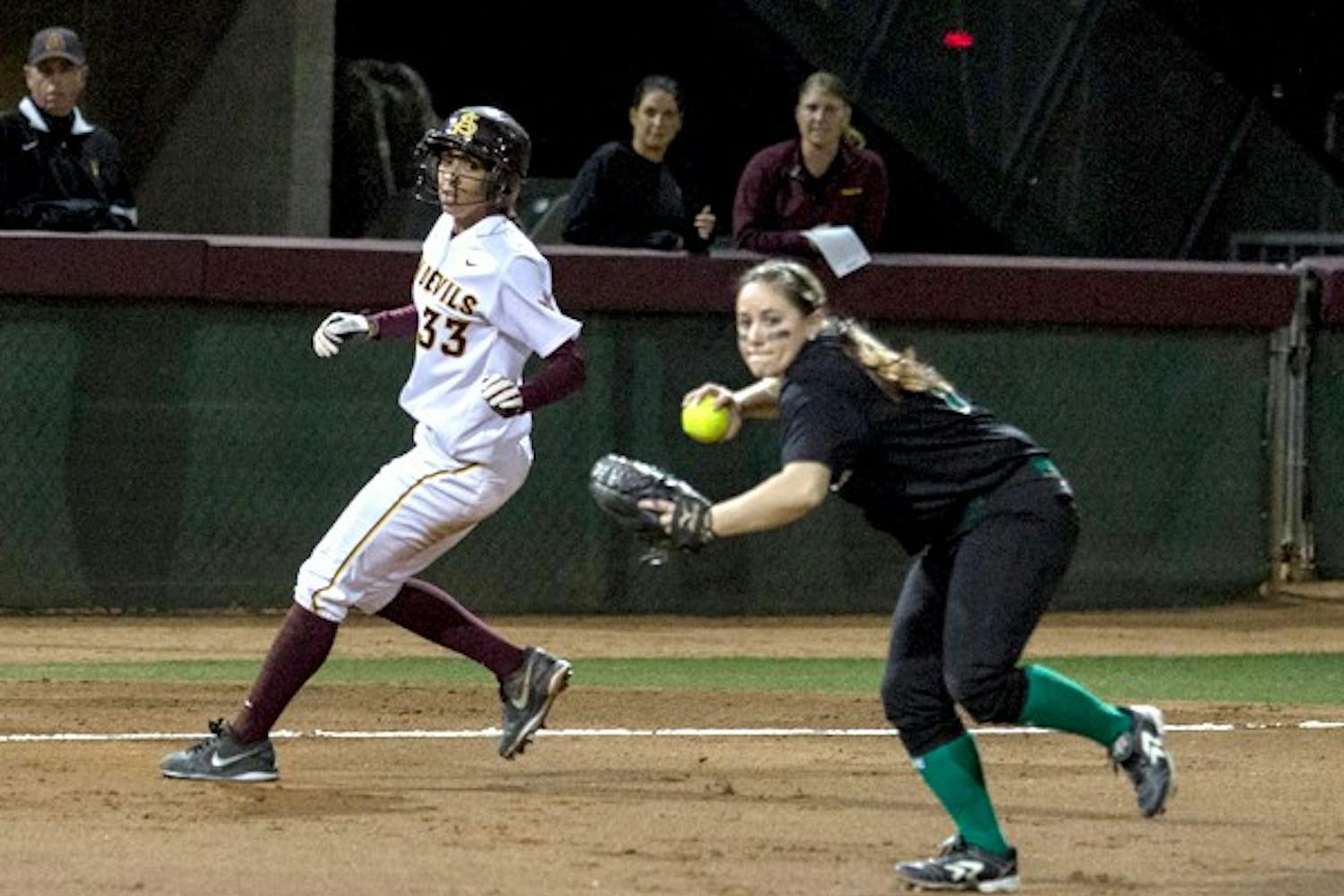 Junior outfielder Alix Johnson runs through the bag in a game against North Dakota on March 1. Johnson's home run in the first inning helped ASU to a 10-2 win over Cal on April 26. (Photo by Dominic Valente)