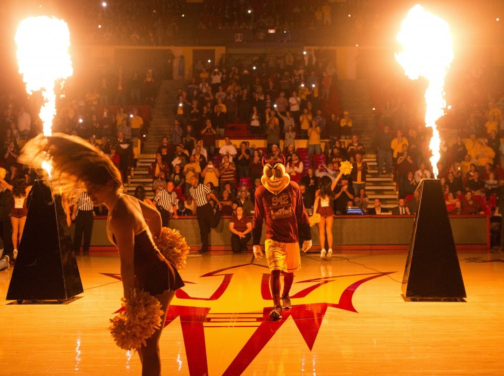 Sparky and the ASU Cheer Squad host pregame activities before a game against Texas A&M at Wells Fargo Arena in Tempe, Ariz., on Saturday, Dec. 5, 2015. The Sun Devils took down the Texas A&M Aggies 67-54. 