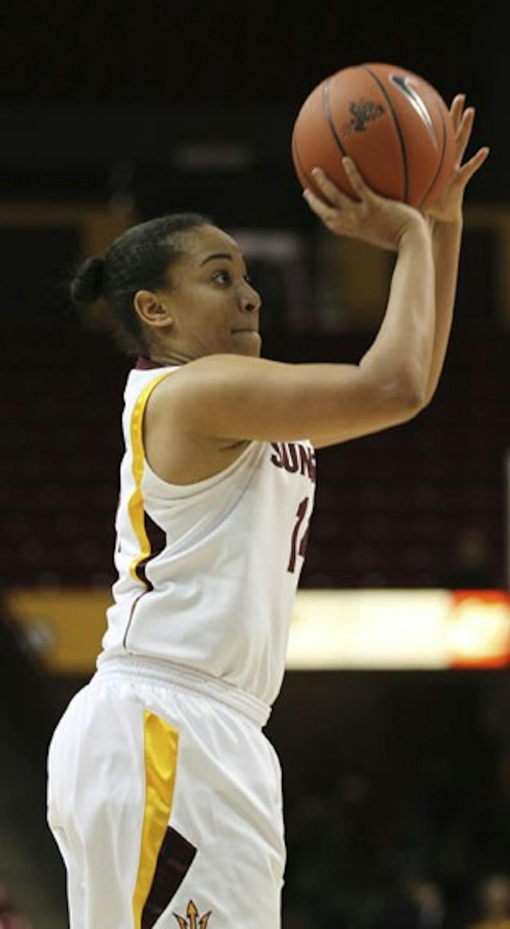 Junior guard Adrienne Thomas attempts a jumper from the wing during the Sun Devils’ 59-51 win over Utah last season on Jan. 21. (Photo by Sam Rosenbaum)