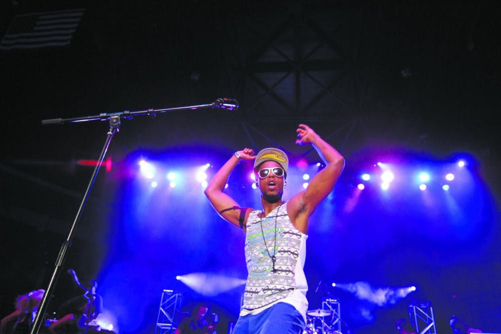 B.o.B and Far East Movement perform for students at the 2012 Fall Welcome Concert hosted by the Programming and Activities Board and Undergraduate Student Government on Tuesday at Wells Fargo Arena. (Photo by Sam Rosenbaum)