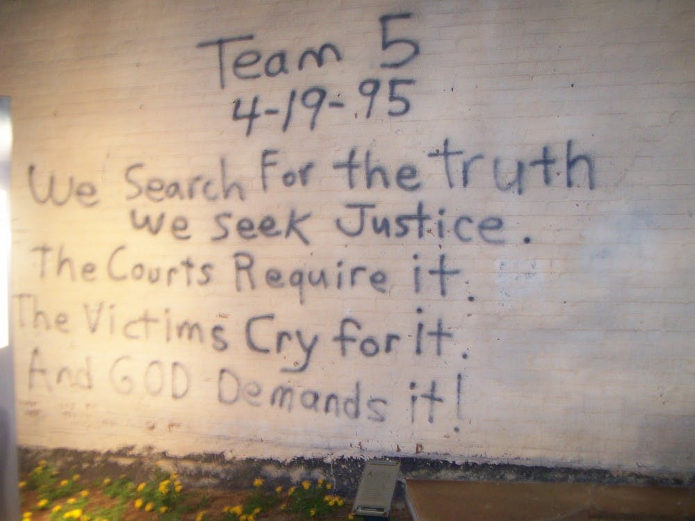 Writing on a wall outside the Oklahoma City National Memorial and Museum 