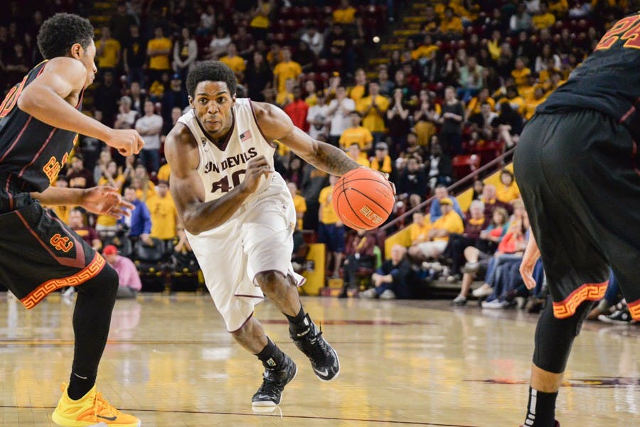 Senior Shaquielle McKissic charges the goal against the USC Trojans defense on Feb. 22, 2015, at the Wells Fargo Arena. The Sun Devils would go on to win the back-and-forth game in the last minute of the second half. (J. Bauer-Leffler/The State Press)