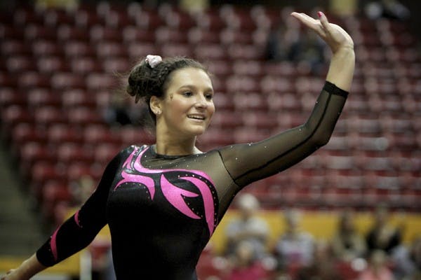 Sophomore Brianna Gades performs a floor routine against the Jan. 25 meet against UCLA. (Photo by Sam Rosenbaum)