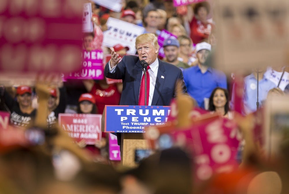 Republican presidential nominee Donald Trump speaks during a campaign stop in the Phoenix Convention Center, in Phoenix, Arizona, on Saturday, Oct. 29, 2016.