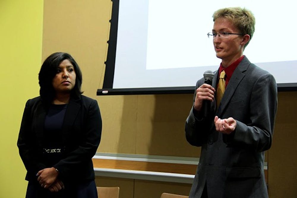 Junior and current USGD Sen. Sally Lopez and Freshman Ryan Boyd, both running for Vice President of Public Policy, answered questions during the 2014 Elections Debate held in ASU Downtown’s Student Center on March 27. (Photo by Becca Smouse)