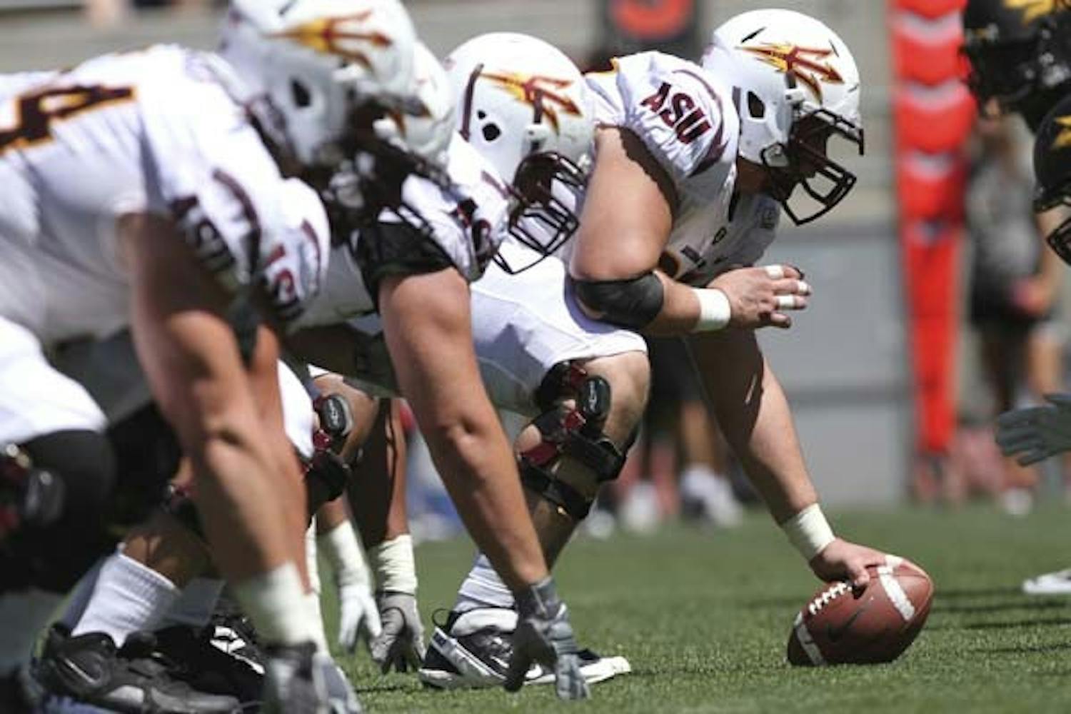 Offensive lineman Kody Koebensky waits to snap the ball during the Sun Devils’ spring game last April. (Photo by Sam Rosenbaum)