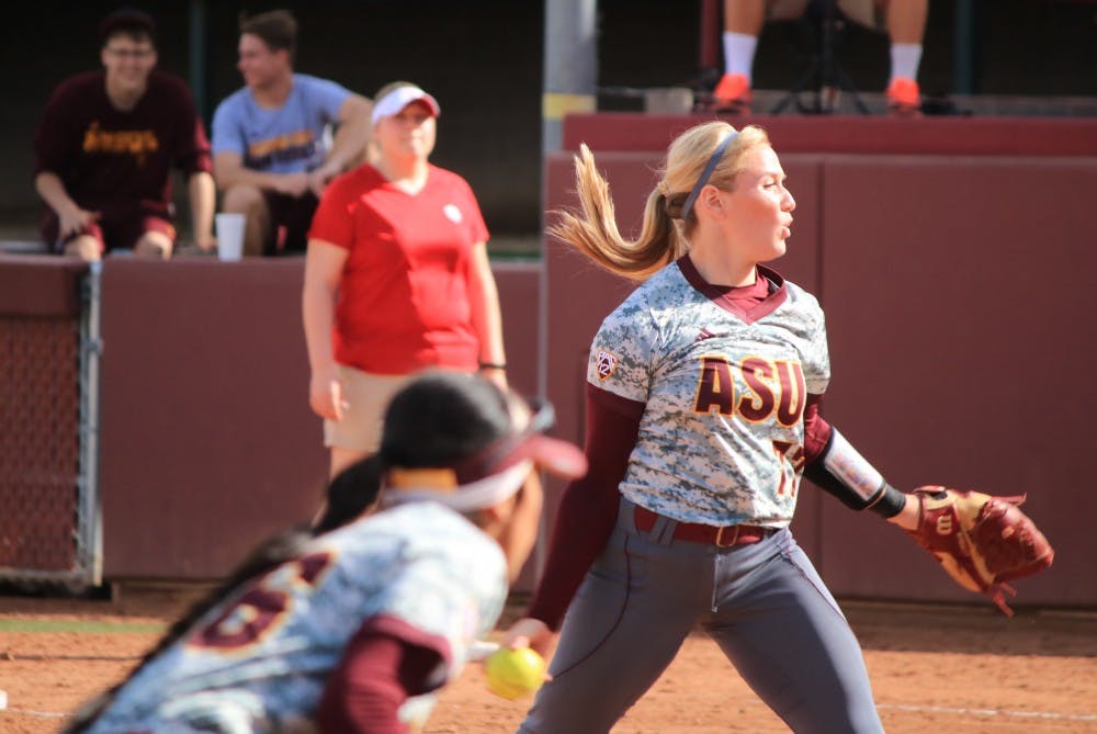 Junior pitcher Dale Ryndak (77), pitches the ball during the match against Indiana at Farrington Stadium in Tempe, Arizona on Saturday, Feb. 11th, 2017. The Sun devils won the game 4 - 2.
