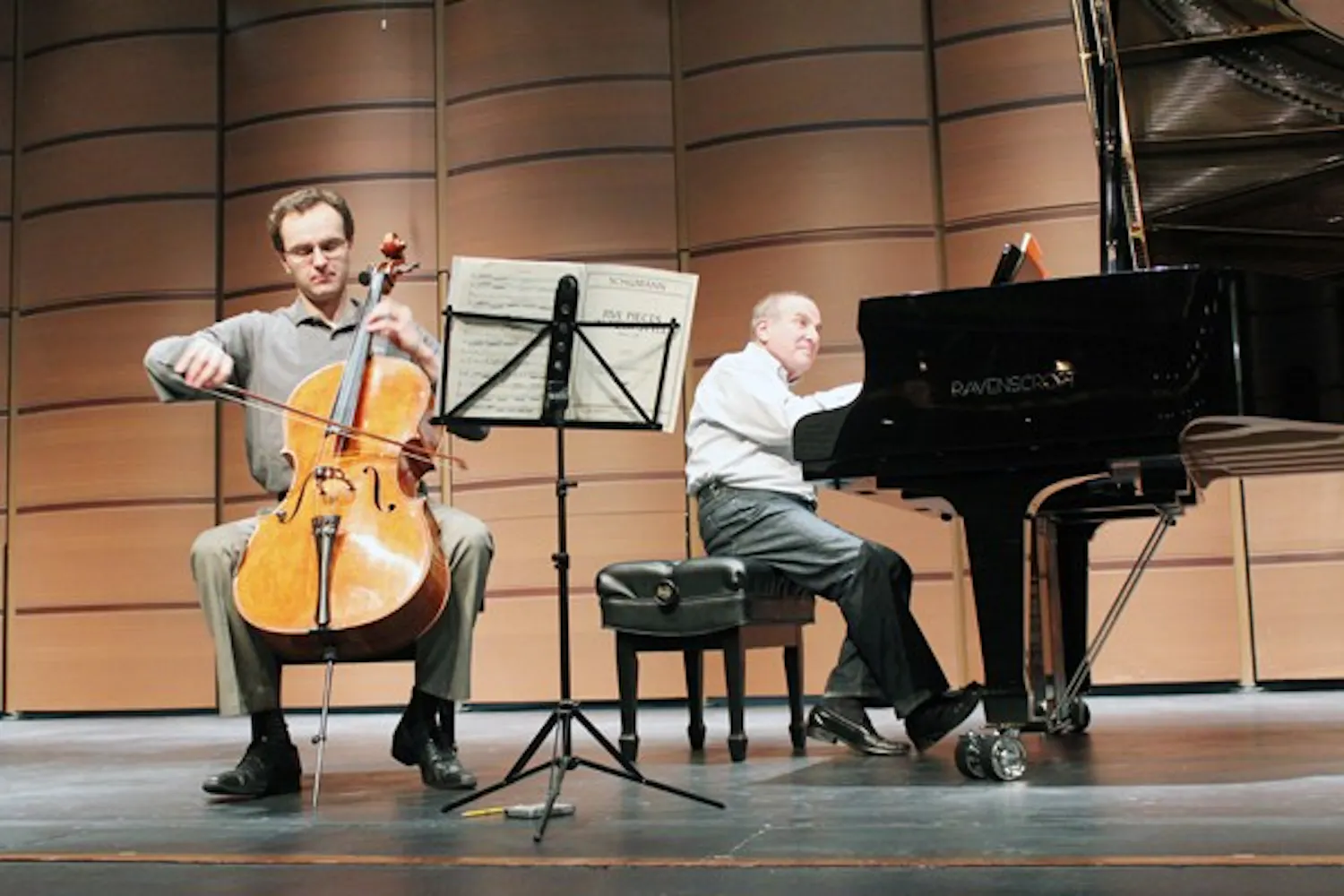 Thomas Landschoot, left, and Martin Katz, right, rehearse for the last performance of the Sonoran Chamber Music Series at the Tempe Center for the Arts. (Photo by Marissa Krings)