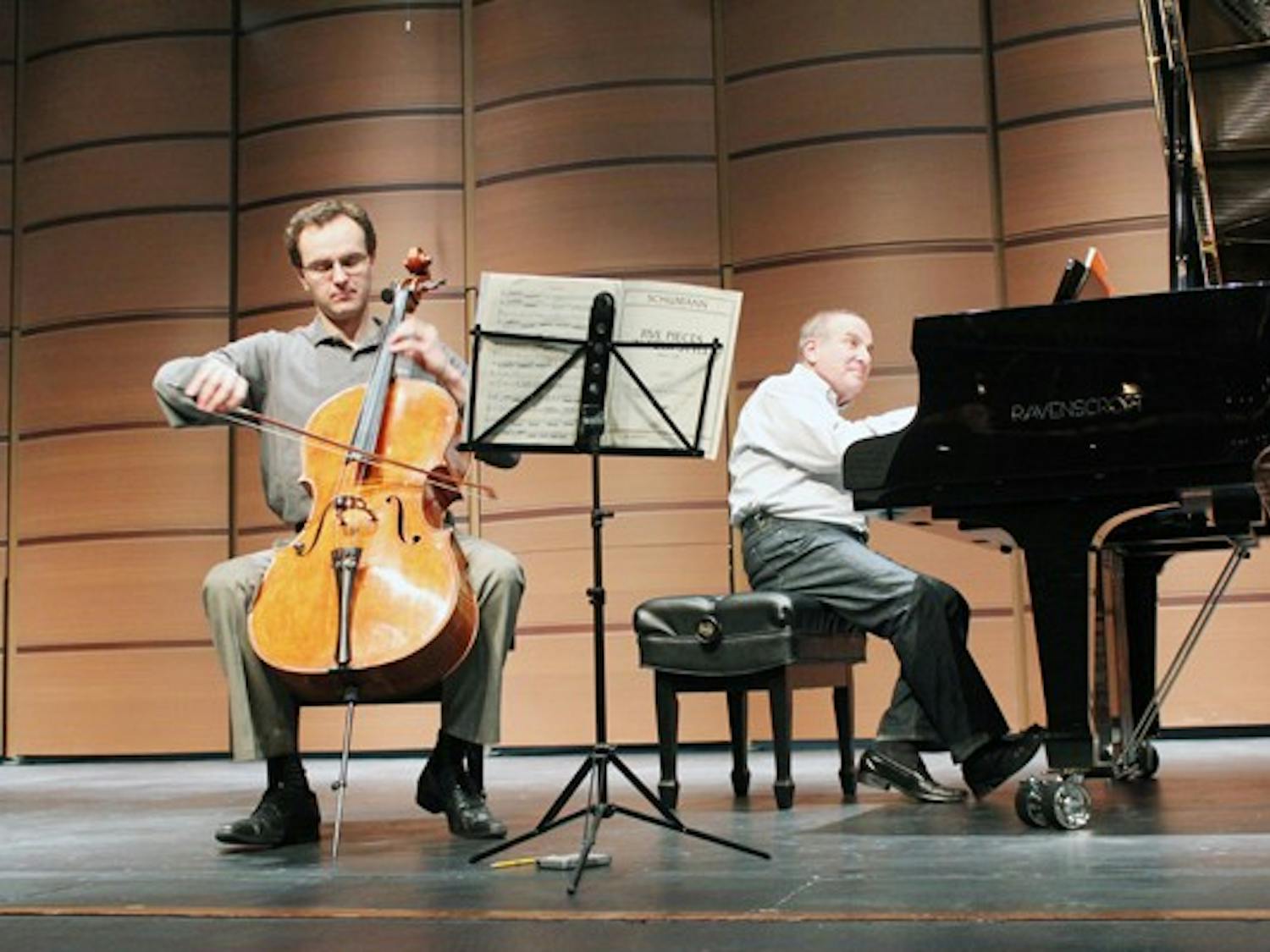Thomas Landschoot, left, and Martin Katz, right, rehearse for the last performance of the Sonoran Chamber Music Series at the Tempe Center for the Arts. (Photo by Marissa Krings)