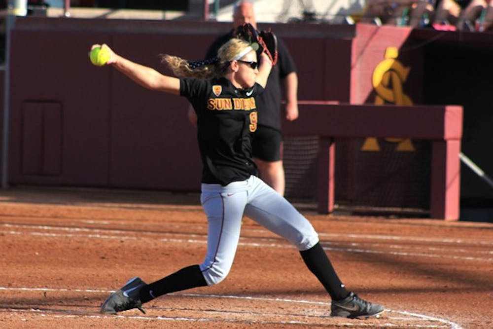 Junior pitcher Mackenzie Popescue whips her arm around as she is about to release a pitch against East Carolina on March 2. Popescue's complete game with nine strikeouts secured an ASU win in the Judi Garman Classic. (Photo by Abhiram Chandrashekar)