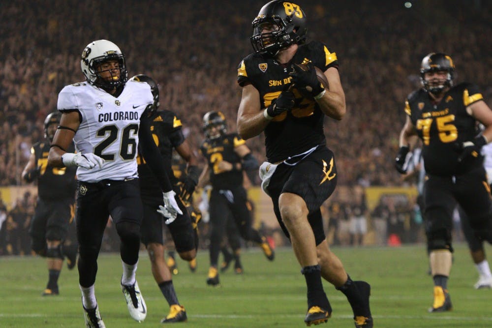 Redshirt junior tight end Kody Kohl (83) recovers a Sun Devil fumble for a touchdown in the first quarter against Colorado on Saturday, Oct. 10, 2015, at Sun Devil Stadium in Tempe.