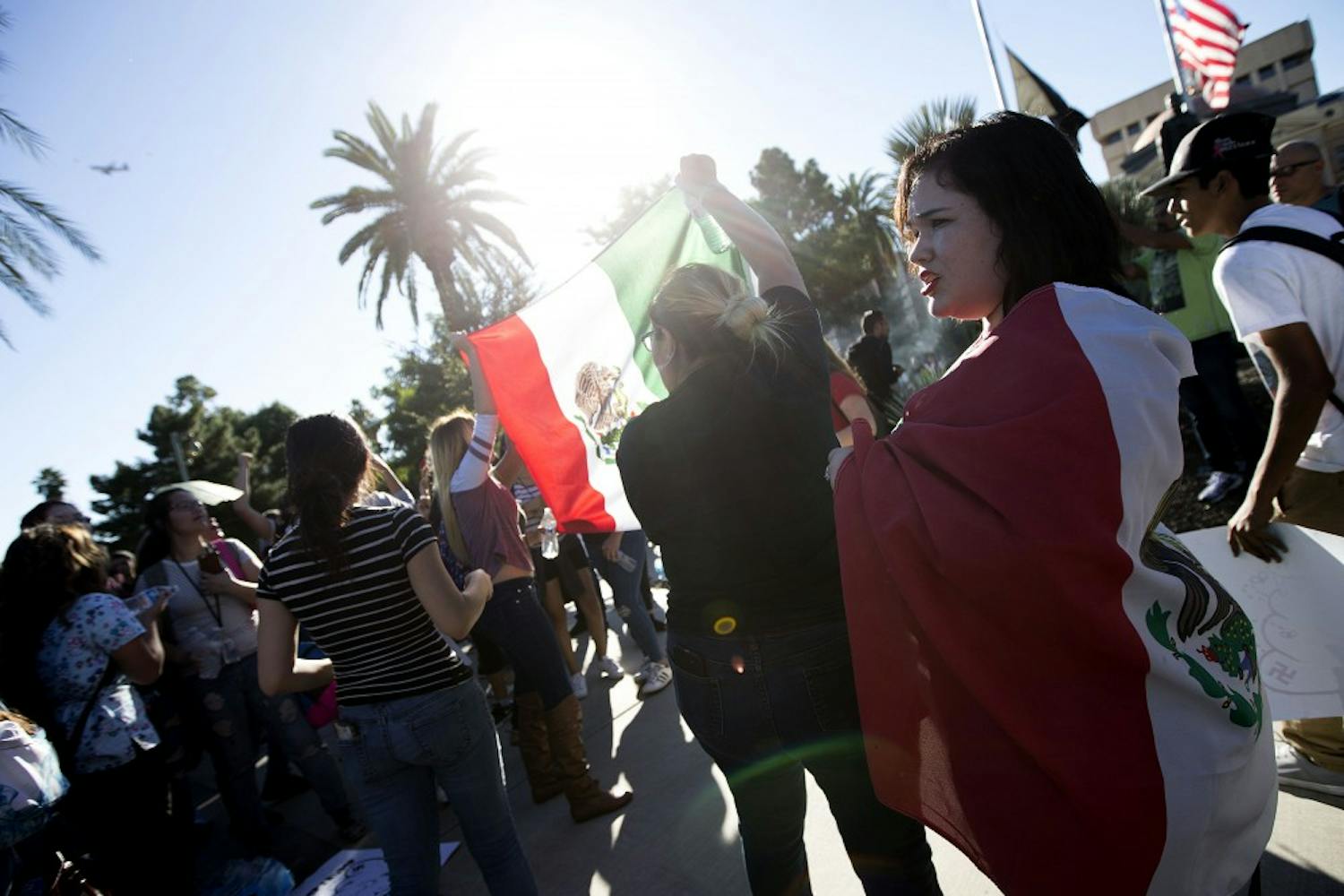 Students from the Phoenix Union School District arrive at the Arizona State Capital lawn on Wednesday, Nov. 9, 2016, in protest of the 2016 presidential election results. 