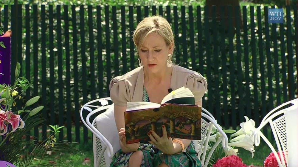 J.K. Rowling reads at The White House in 2010. (Photo courtesy Executive Office of the President via Wikimedia Commons)