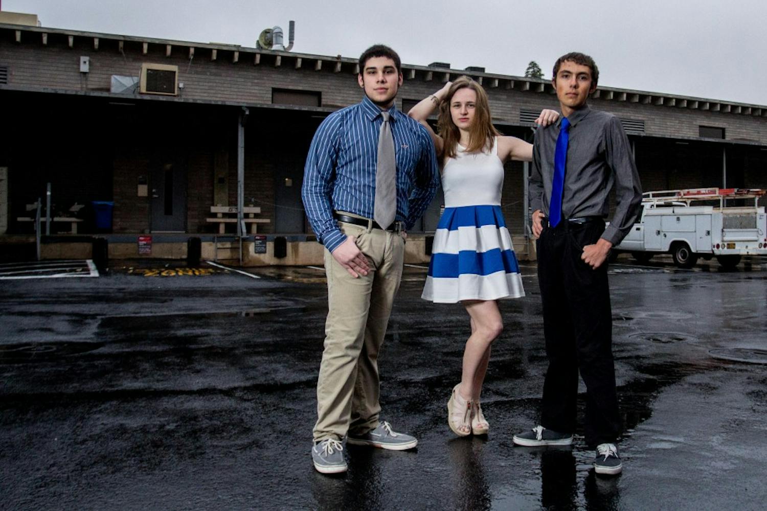 AJ Perez, Katie Leavitt and Mark Quiñones sharing a light-hearted moment. Perez, Leavitt and Quiñones are the founding members of the Devil Clefs, a new a cappella group formed at ASU. (Jonathan Galan/The State Press)