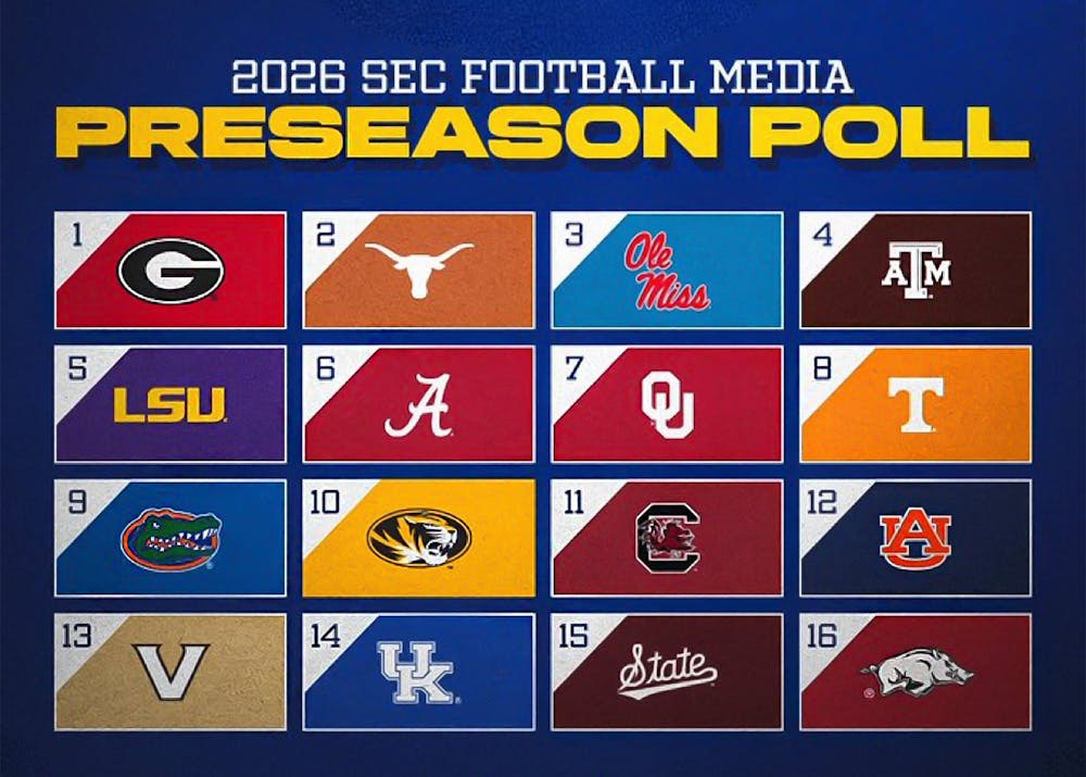 Graphic titled "2026 SEC Football Media Preseason Poll" showing the projected order of finish for all 16 SEC football teams. Georgia is ranked first, followed by Texas and Ole Miss, while Auburn is ranked 12th. Team logos are arranged in order from first through 16th.