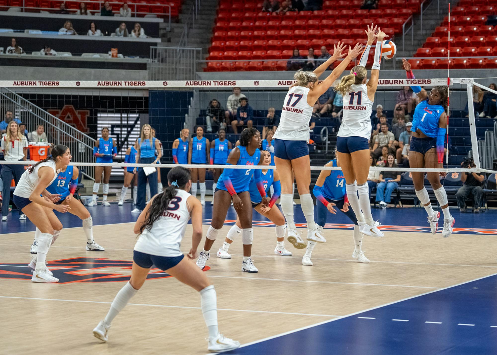 Two Auburn volleyball players (wearing white jerseys #17 and #11 with navy shorts) leap at the net with arms extended to form a double block. On the other side of the net, a Northwestern State player (wearing a bright blue jersey #1) jumps to attempt a spike. Teammates on both sides watch from the court and bench inside an arena filled with red stadium seating.