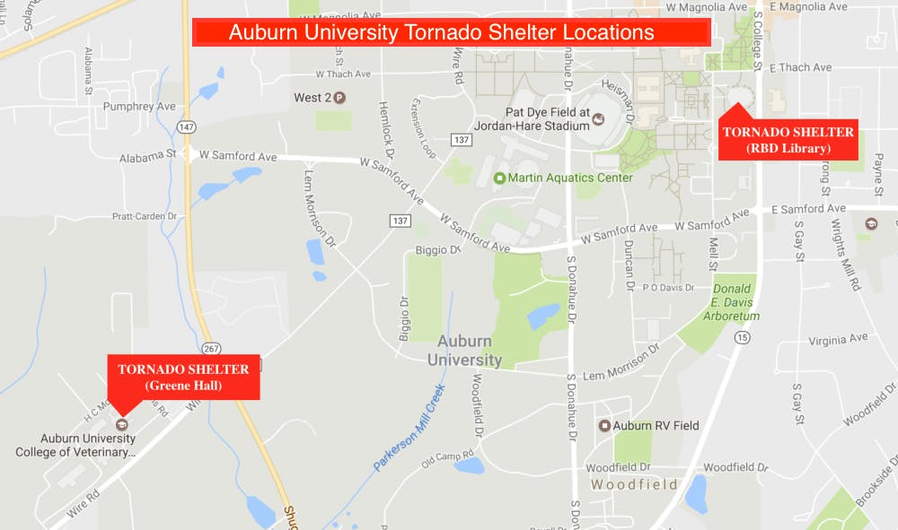 Auburn University Tornado Shelters at Greene Hall and RBD Library during Tornado Watches and Warnings