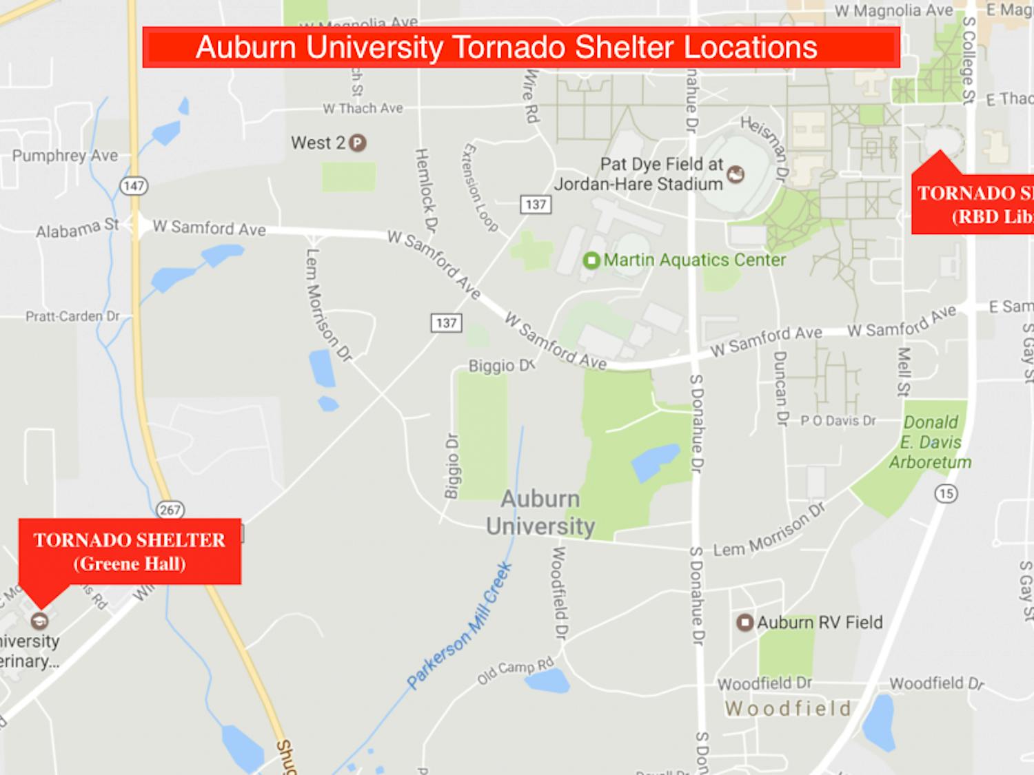 Auburn University Tornado Shelters at Greene Hall and RBD Library during Tornado Watches and Warnings