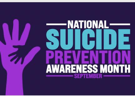 Purple awareness graphic featuring overlapping adult and child hand silhouettes beside the words “National Suicide Prevention Awareness Month — September” in blue, purple and white lettering.