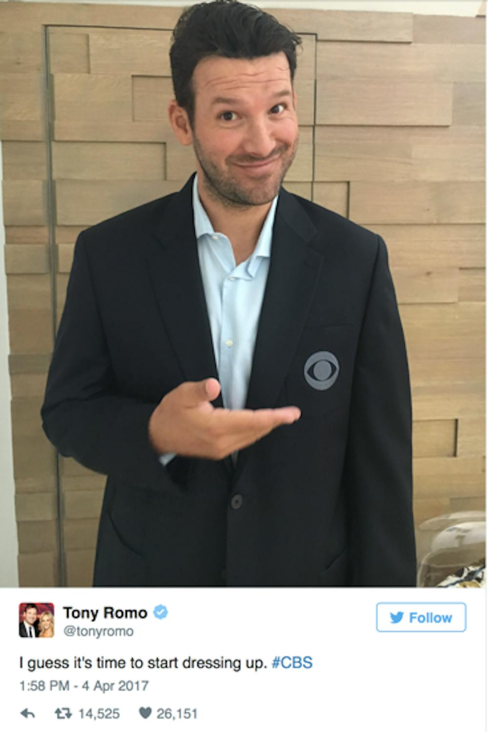 Tony Romo in a CBS jacket. Photo via www.twitter.com/tonyromo​