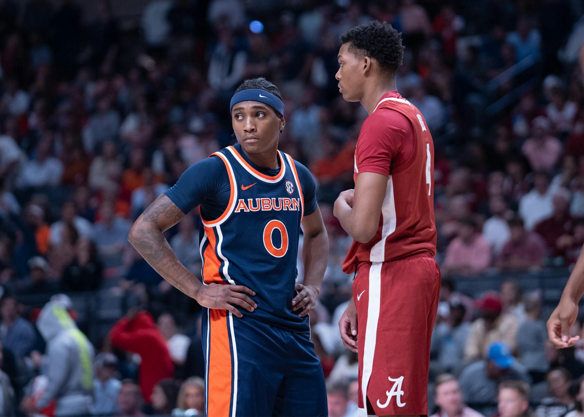 Tahaad Pettiford of Auburn stands with his hands on his hips during The Feud exhibition game against Alabama.