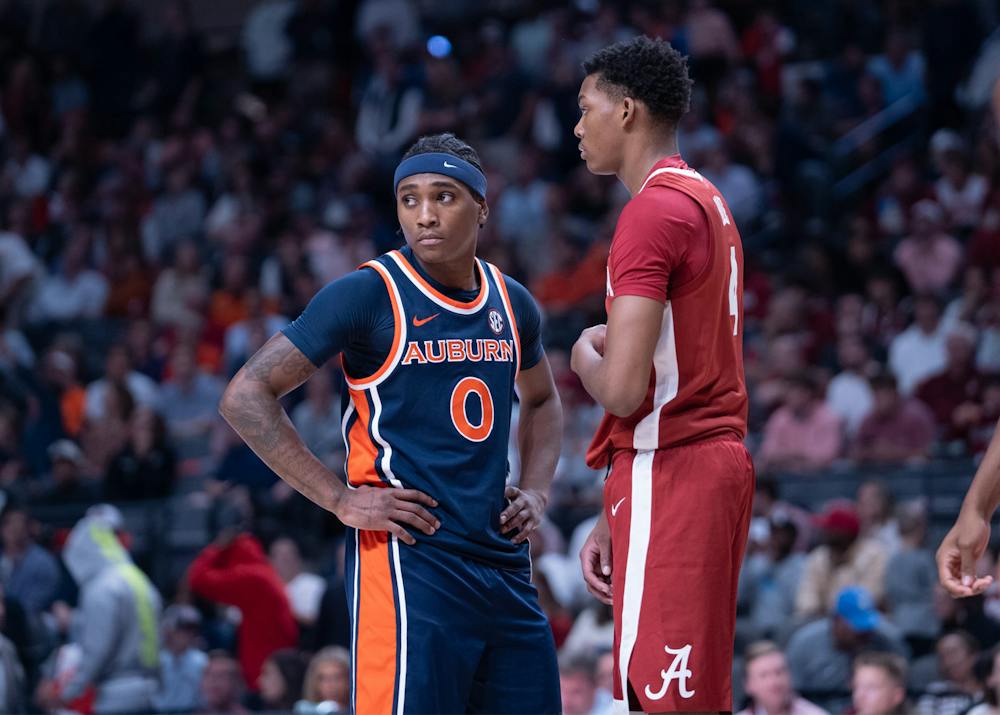 Tahaad Pettiford of Auburn stands with his hands on his hips during The Feud exhibition game against Alabama.