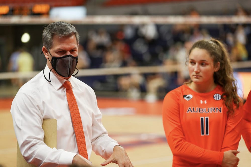 Aug 27, 2021; Auburn, AL, USA; Coach Brent Crouch during the game between Auburn and Tennessee Tech at Auburn Arena. Mandatory Credit: Matthew Shannon/AU Athletics