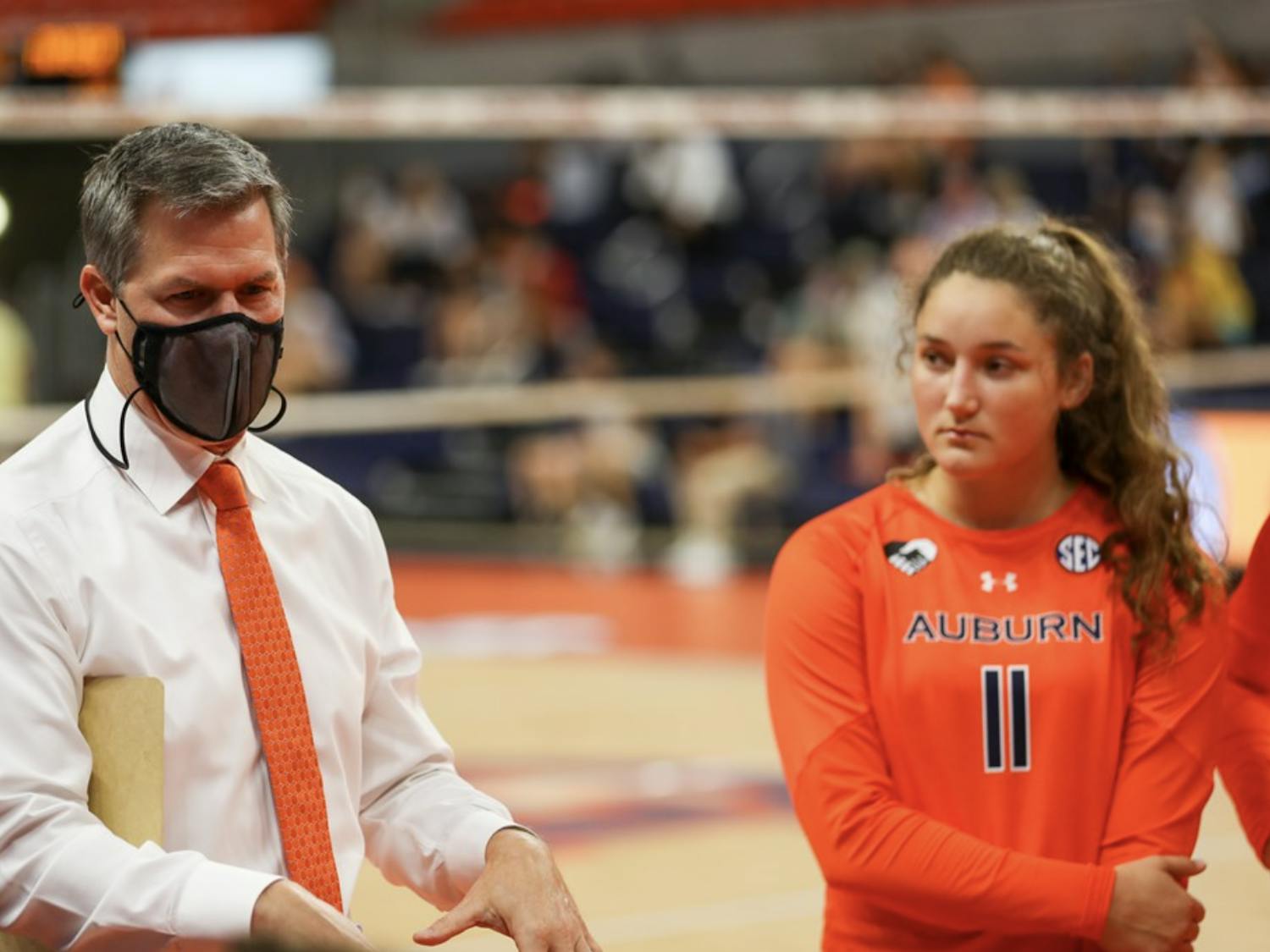 Aug 27, 2021; Auburn, AL, USA; Coach Brent Crouch during the game between Auburn and Tennessee Tech at Auburn Arena. Mandatory Credit: Matthew Shannon/AU Athletics