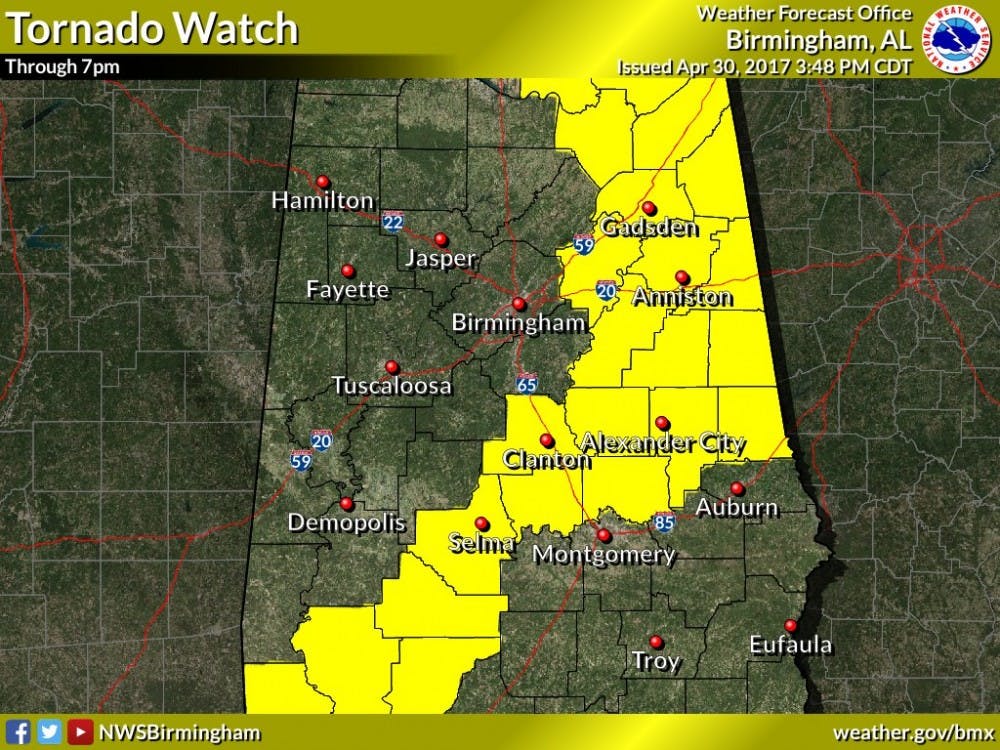 Tornado Watch effective until 7:00 p.m. in Central Alabama, north of Auburn. Via NWS.​